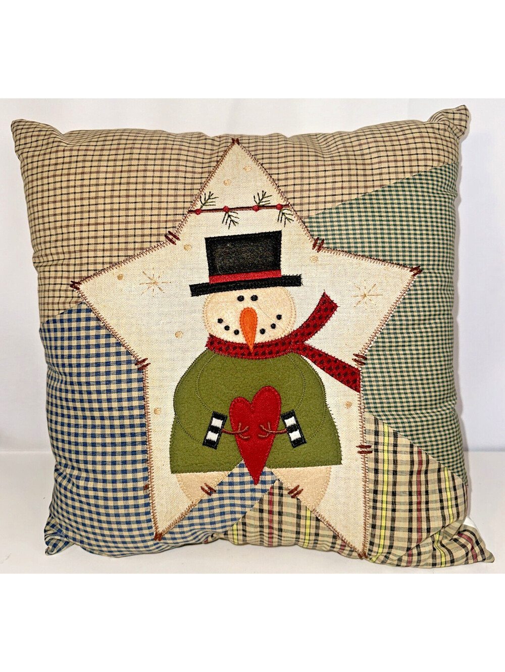 Primitive Patchwork Snowman Pillow Christmas Throw Pillow 16" square Farmhouse